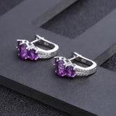 Natural Amethyst Oval Shape Three Stones Silver Studs Earrings for Women